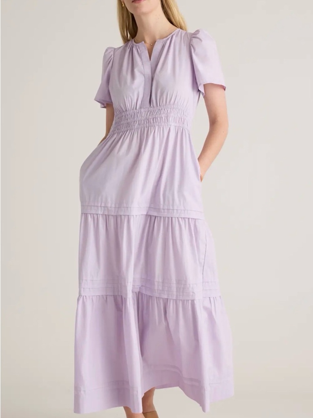 Quince Organic Cotton Lavender Smocked-Waist Tiered Maxi Dress